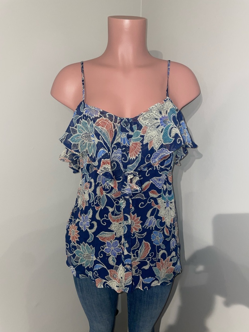 Maeve Blue Floral Ruffle Cami with Spaghetti Straps. Size 0